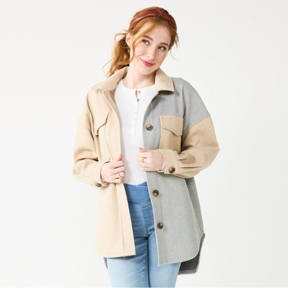 SO Women's Two-Tone Utility Jacket, Tan and Gray Shacket, size XS extra small